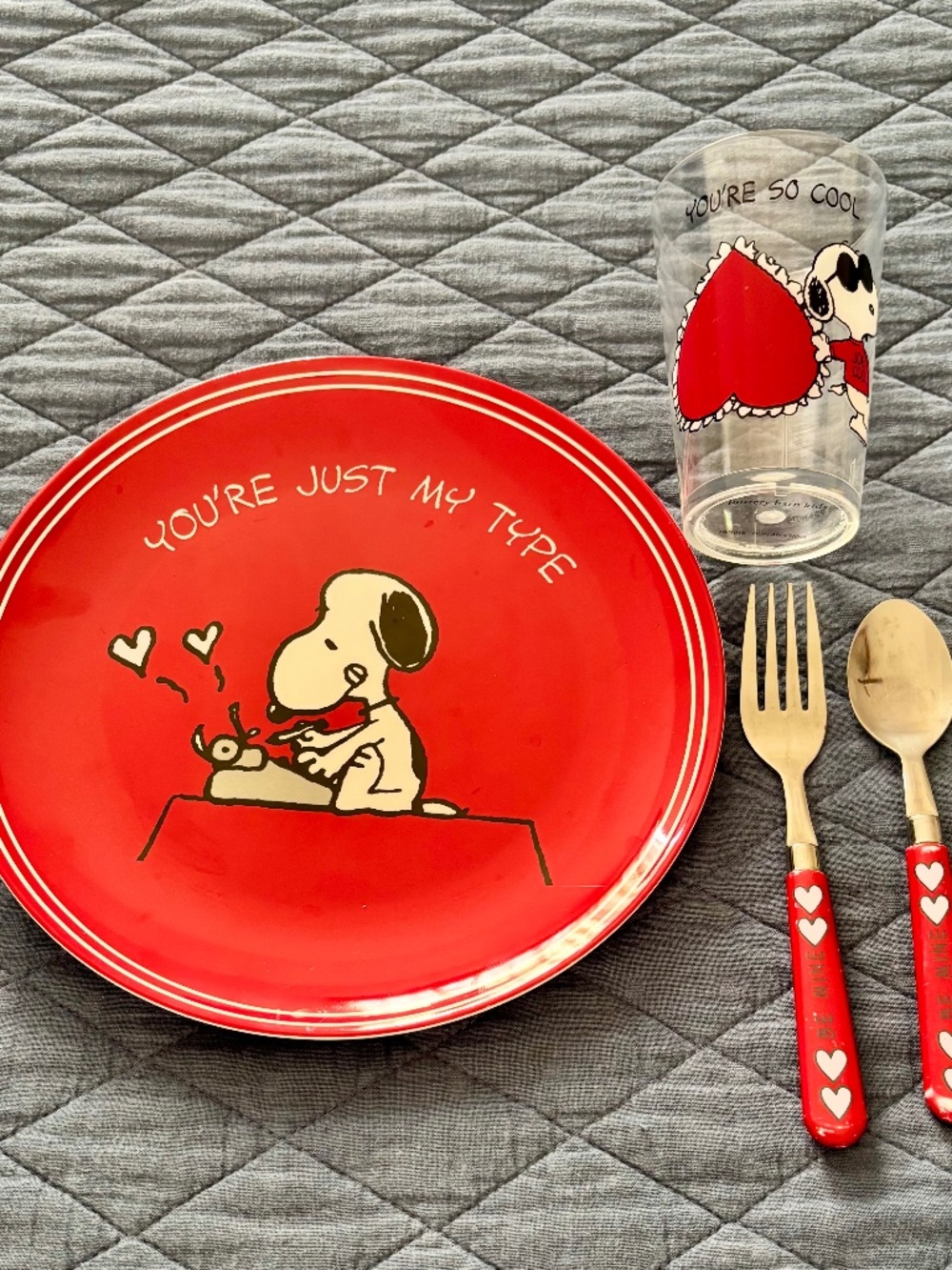 Pottery Barn Kids Retired Snoopy Valentines Plate, Cup, & utensils